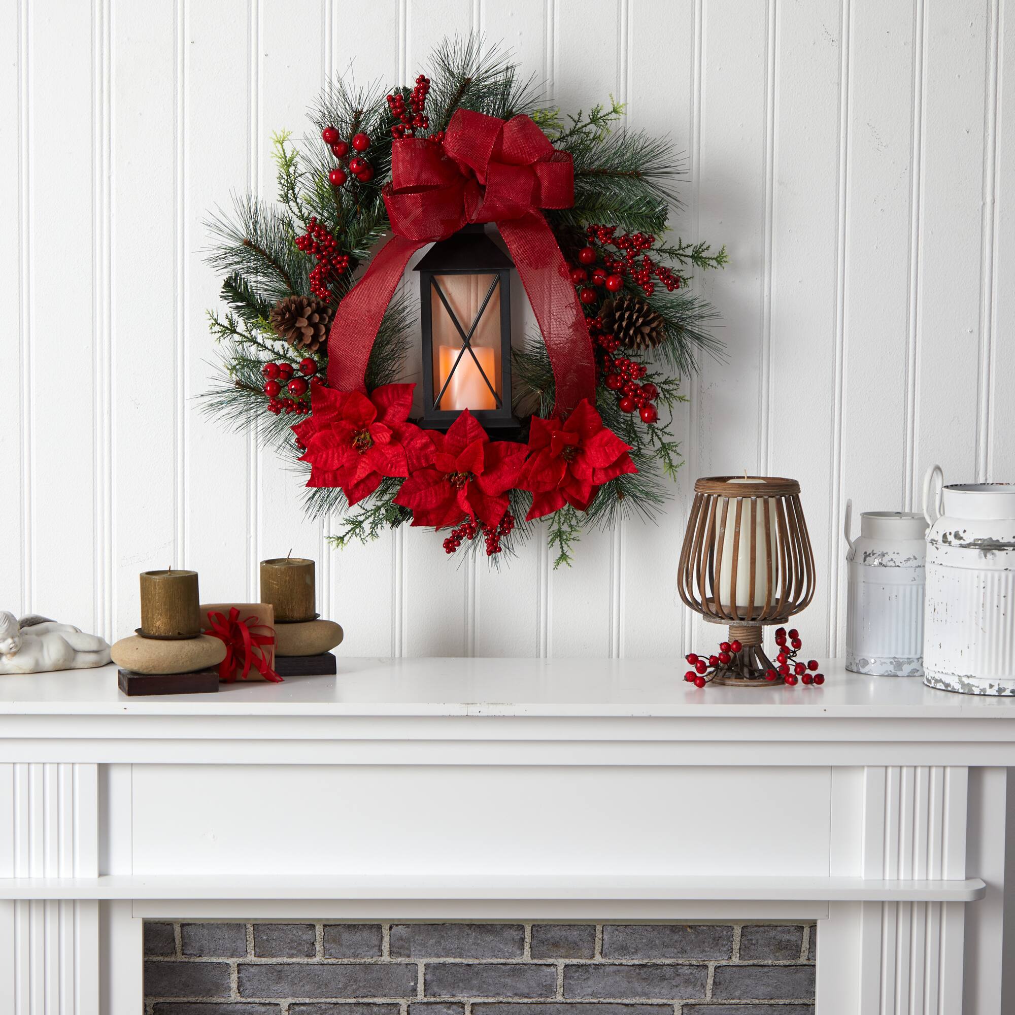 28" Poinsettia & Berry Holiday Lantern Christmas Wreath with LED Candle